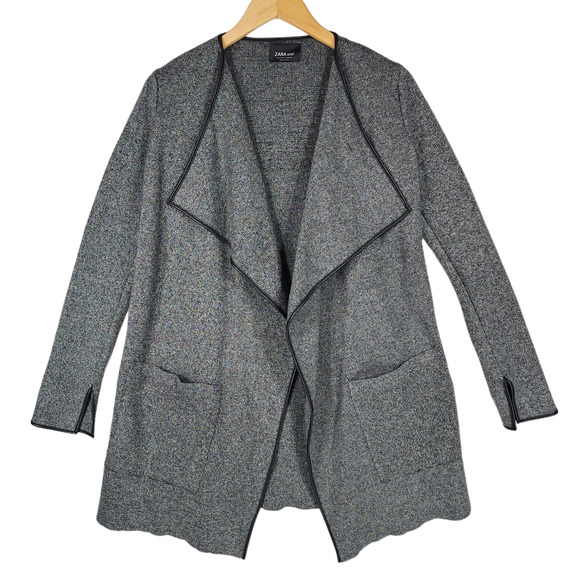 Zara S Womens Cardigan Sweater Gray Black Oversized Open‎ Front Faux Leather - Picture 1 of 13